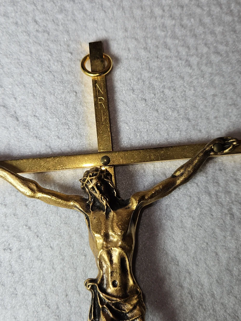 Vintage Brass Crucifix Wall Hanging with Raised Christ Figure 1970s